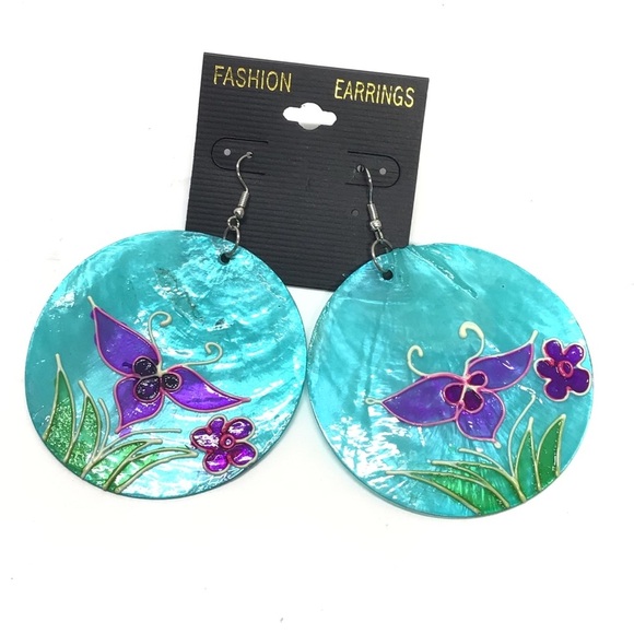 Turquoise Capiz Shell Painted Dangle Drop Earrings - Picture 1 of 5
